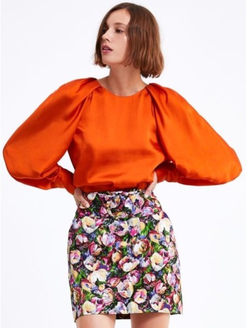 Zara Women's Orange Puff Sleeve Blouse Diamanté Button Satin Top Size Small NWT